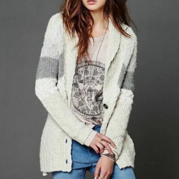 FREE PEOPLE GONE ASKEW STRIPE CABLE KNIT BUTTON UP V-NECK CARDIGAN GRAY XS - Picture 2 of 11